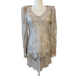 Vintage Womens Sheer Lace Puff Shoulder Long Sleeve Short Dress Prairie Dress